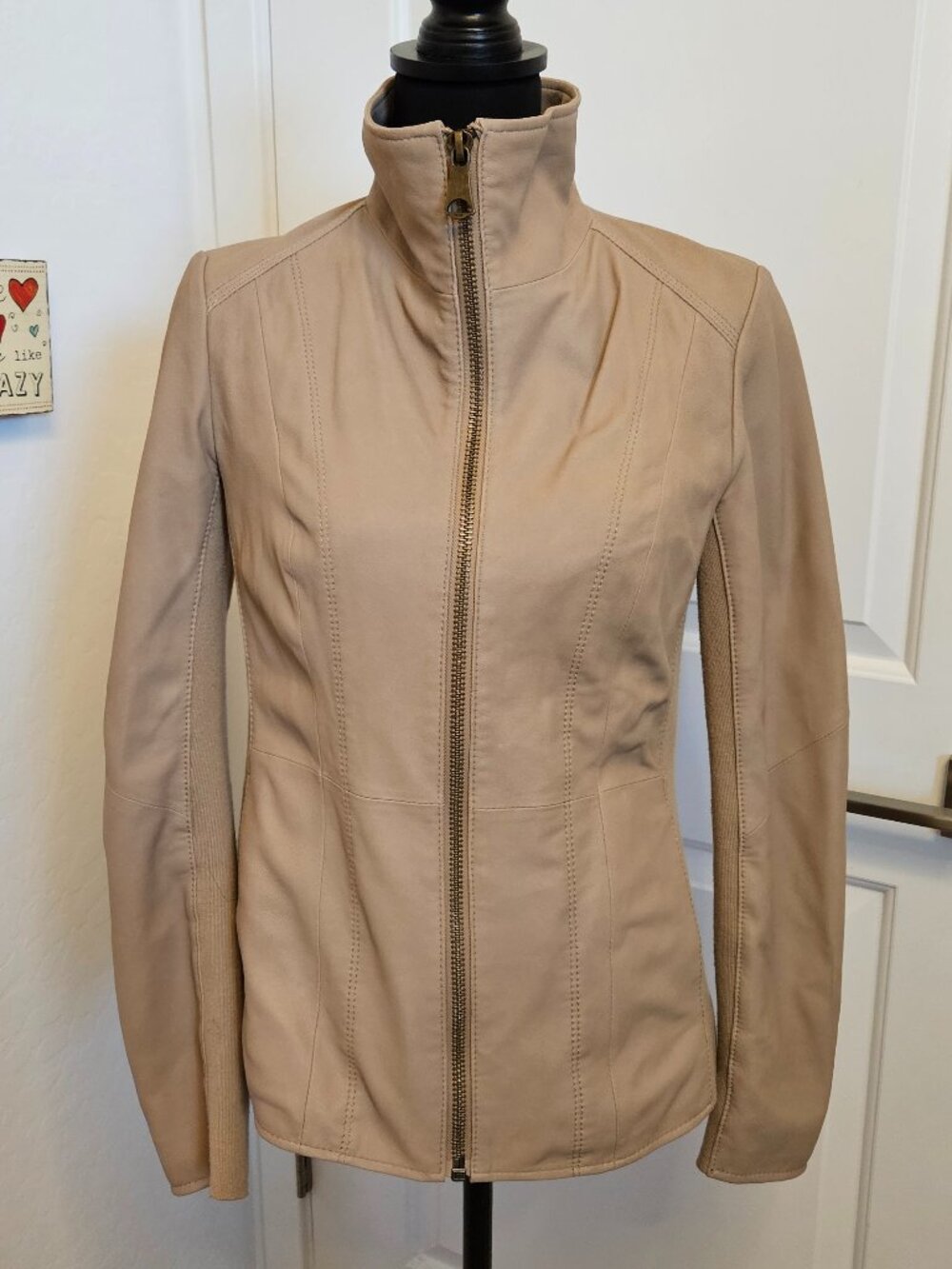 Andrew Marc Genuine Lambskin Leather Jacket Tan/Beige Funnel Neck size S
